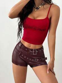 Jeanoix Women's Low Waist Double Belt Faux Leather Coated Shorts - Burgundy - View 3