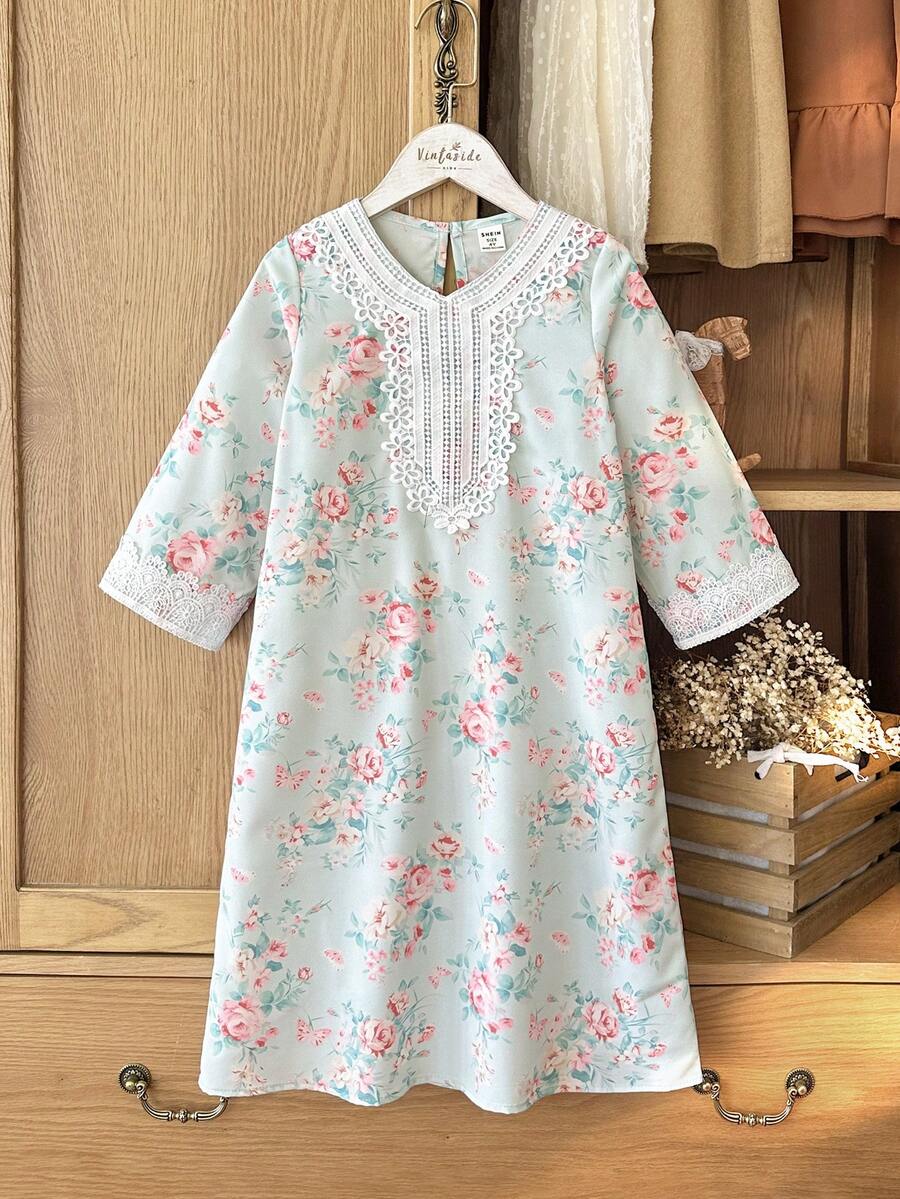 SHEIN 女童蓝色碎花长袖连衣裙，时尚荷叶边设计，适合日常穿着，春秋季 - 藍色 - 查看 1