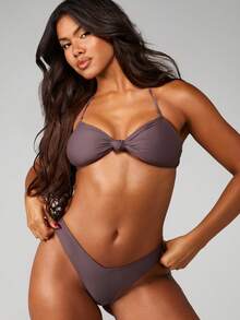 MISSGUIDED Two Piece Knotted Bandeau Bikini Set Strapless Top With High Waisted Bottom Summer Beach Swimwear - Coffee Brown - View 4