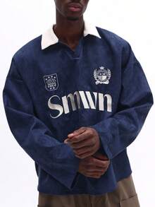 SUMWON Camisa Polo de Manga Longa Bordada com Gola Branca, Ajuste Regular, Marinho, Casual Clássico, Negócios, Escritório Inteligente, Vestuário Masculino de Outono e Inverno - Azul - Visão 7