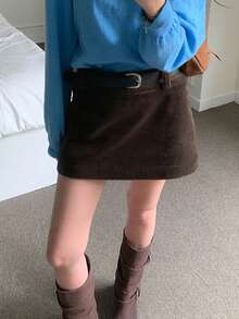 DAZY Merrald 咖啡色灯芯绒高腰A字裙，复古显瘦，秋冬款 - 棕色 - 查看 1