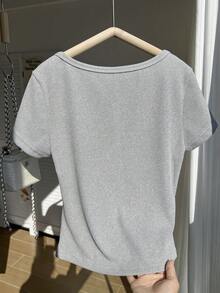 1-Piece Teen Girls Elegant Y2K Aesthetic Ribbed Knit Short-Sleeve Top With White Lace Trim, Button Front Details, Breathable Fitted Fabric And Multi-Scene Styling For Casual Daily Wear, School And Weekend Outings