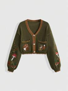 ROMWE Fairycore Women's Retro Cottagecore Countryside Style Fox, Mushroom & Floral Embroidered Contrast Color Cardigan - Dark Green - View 1