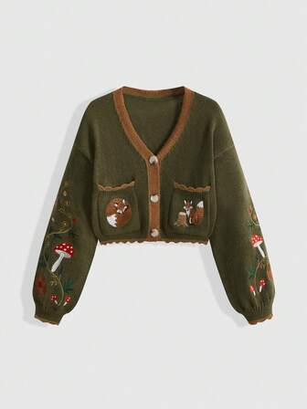 Fairycore Damen Retro Cottagecore Landstil Fuchs, Pilz & Blumen Stickerei Kontrastfarbige Strickjacke