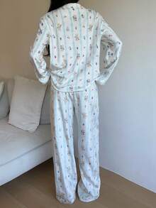 Aloruh 2pcs Thermal Lined Blue Striped Print Long Sleeve Shirt And Pants Casual Set, Suitable For Home Or Outdoor Wear, Autumn/Winter,Casual Sets For Women - Multicolor - View 4