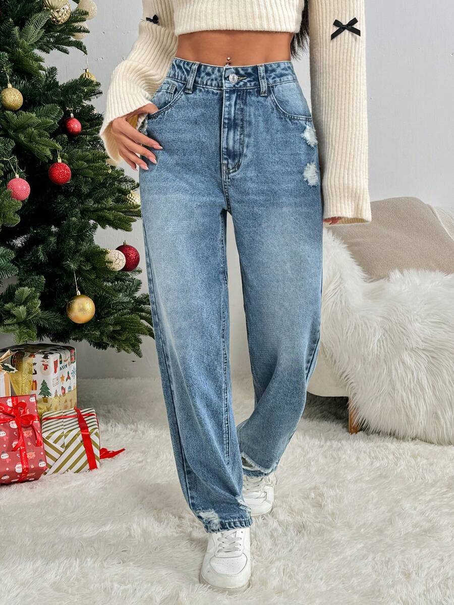 SHEIN PETITE Jeans casuales de pierna ancha con bolsillos y ajuste holgado desgastados para mujer - Lavado ligero - Ver 1