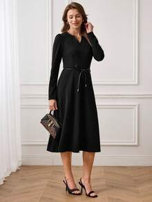 Medorina Vestido elegante de mujer con cuello en V, manga larga y cintura ceñida - Negro - Ver 5