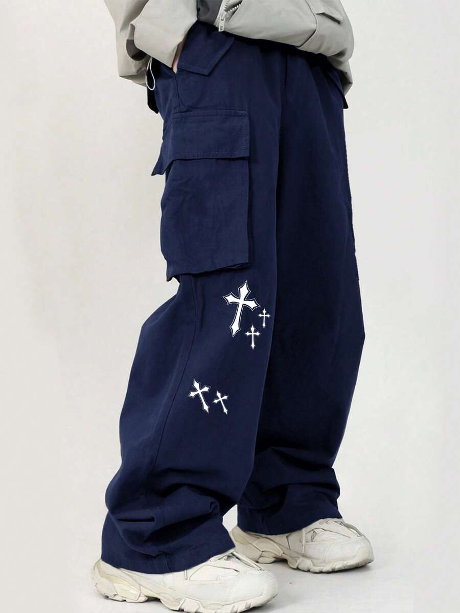 SHEIN Tween Boy Vacation Collegiate Style Side Pockets 3D Patch Pockets Straight Loose Solid Woven Pants - Navy Blue - View 1