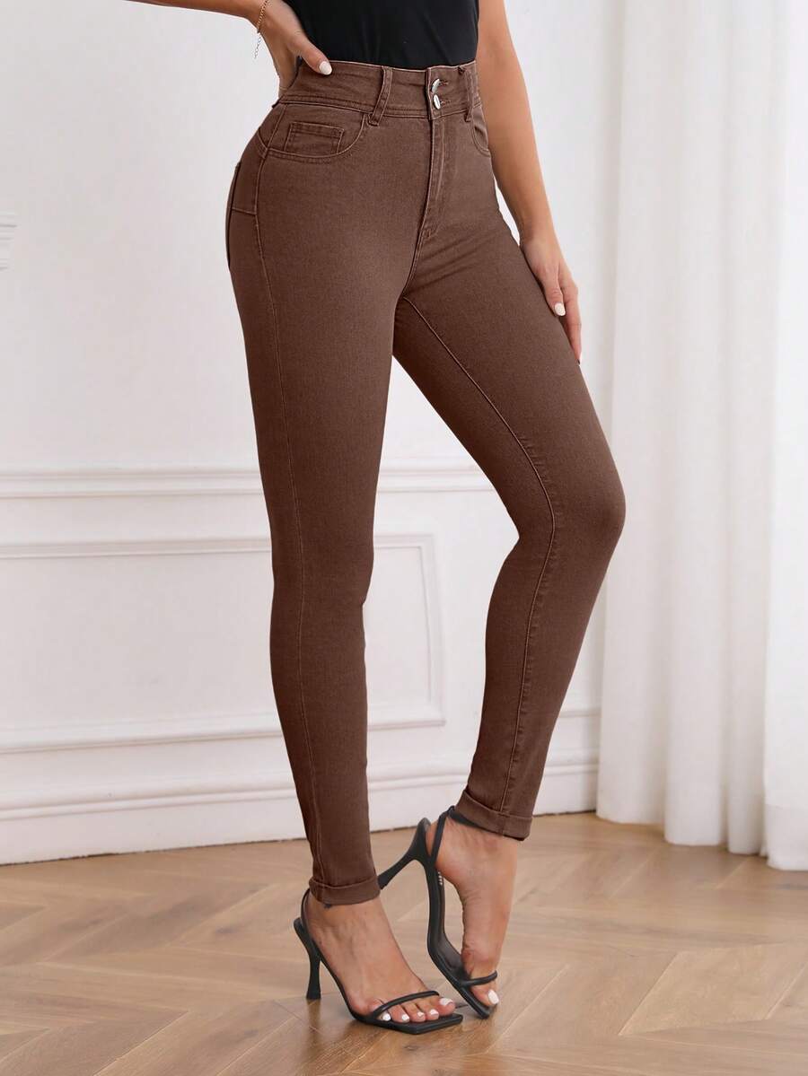 EMERY ROSE Blugi minimalisti de culoare solidă, croială slim fit, casual, versatili, pentru femei - cafea maro - Vizualizare 1