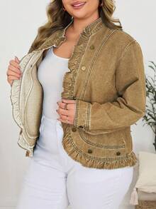 SHEIN Mature Denim 大码休闲度假水洗牛仔外套 - 卡其色 - 查看 7