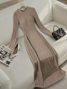 Franclia 女士条纹纹理优雅圆领中长连衣裙 - 杏色 - 查看 4