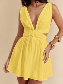 SHEIN BAE 白色雪纺V领露背系带迷你连衣裙，白色连衣裙，毕业礼服，度假连衣裙，春夏款 - 黃色 - 查看 6