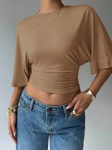 Aloruh 女士纯色圆领蝙蝠袖褶皱短款时尚T恤 - 棕色 - 查看 7