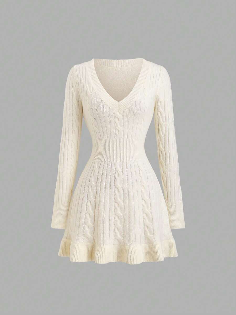 SHEIN Sweetro 女士简约时尚米色长袖修身绞花针织V领毛衣连衣裙，秋冬款 - 米色 - 查看 1