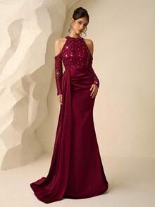 Coutiva 串珠亮片拼接露肩吊带高端晚礼服，优雅派对礼服，尽显奢华气质 - 酒紅色 - 查看 6