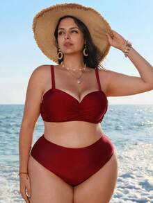 Swim Lushoire Bộ bikini hai mảnh màu đỏ rượu vang trơn dành cho nữ cỡ lớn, thời trang đi nghỉ mát, mặc hàng ngày, kiểu dáng thường ngày, có gọng nâng ngực và dây đeo điều chỉnh được, cạp cao, kiểu tam giác. - Màu Đỏ Sâu - Xem 6