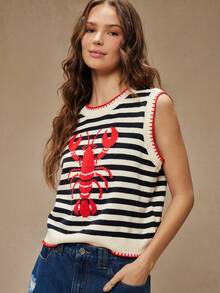 WESTFADE Round Neck Multi Stitch Summer Lobster Intarsia Sweater Tank Top Spring Break Vacation - Apricot - View 5