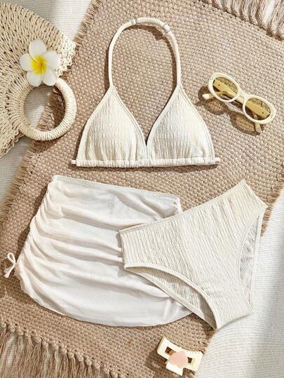 SHEIN Nytt trendigt beige bikiniset i specialtyg med halterneck, omslag och minikjol för tonårsflicka