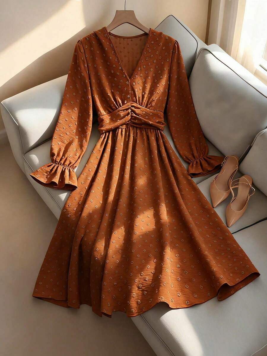 Franclia Elegant Solid Color Textured Waist Cinching Midi Dress, Suitable For Commuting In Autumn - Orange - View 1