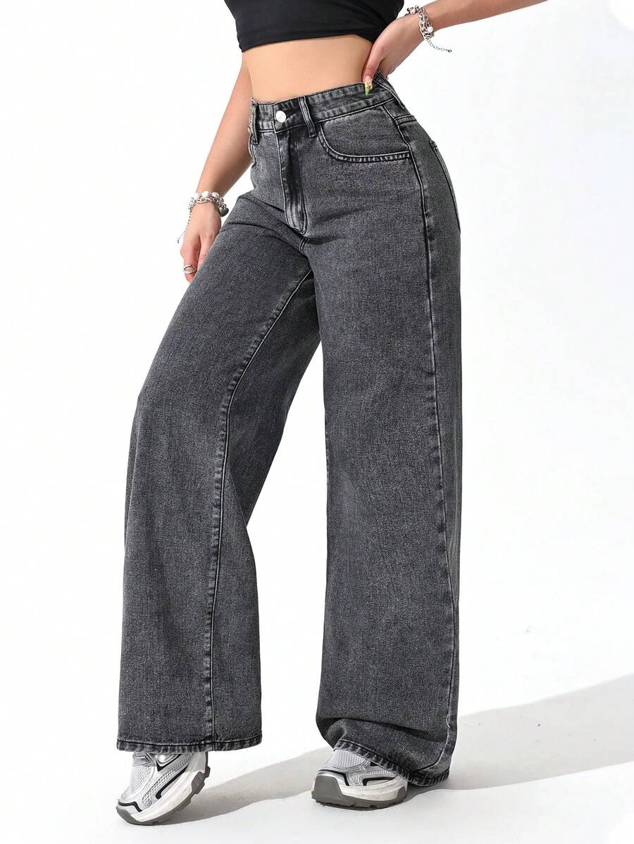 SHEIN ICON Plus Size Women Vintage Washed Straight Leg Jeans - Dark Grey - View 1