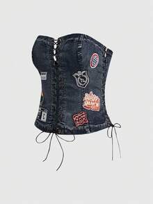 ROMWE 性感朋克摇滚图案抹胸露脐上衣，女士牛仔衬衫 - 灰色 - 查看 3