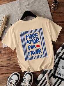INAWLY 女式 More Amor Por Favor 休闲标语 T 恤，百搭圆领短袖 T 恤 - 杏色 - 查看 2