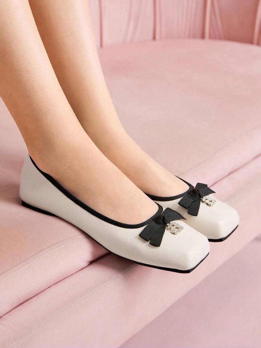 CUCCOO DOLLMOD Women's Square Toe Flat Shoes With Letter Rhinestone Bow, Comfortable Ladies Shoes - Apricot - View 1