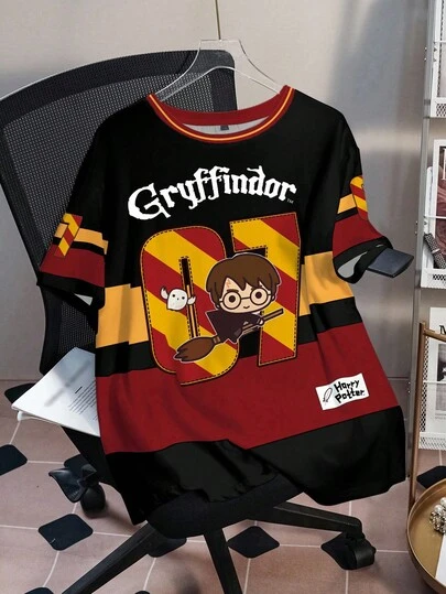 HARRY POTTER X SHEIN 大码女式夏季休闲通勤时尚学院风可爱卡通人物和数字字母图案撞色宽松T恤