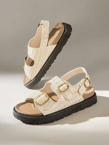 Solecia Women's Buckle Design Casual Fashion Flat Sandals - Beige - View 3