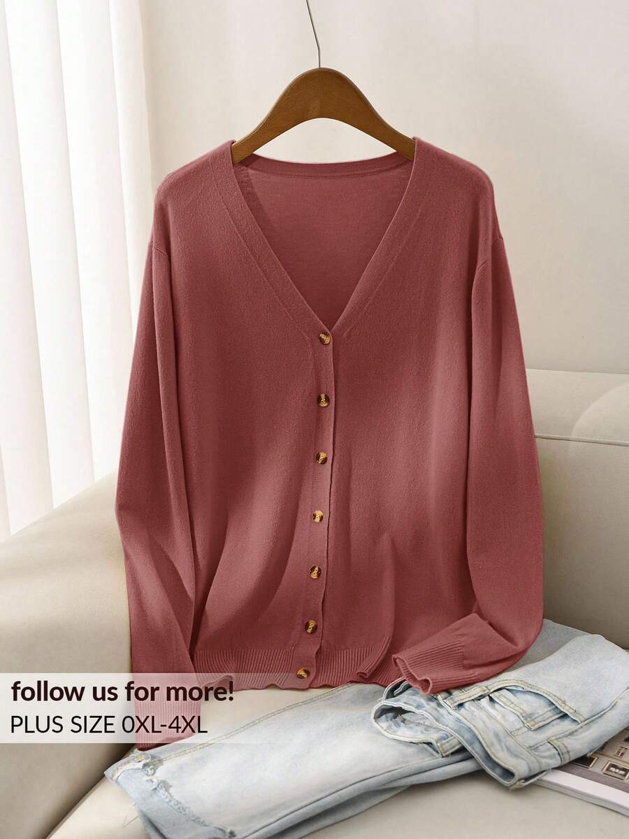 CosyJoli Áo khoác cardigan dài tay màu vàng cơ bản thường ngày cỡ lớn dành cho nữ - Màu Hồng  San hô - Xem 1