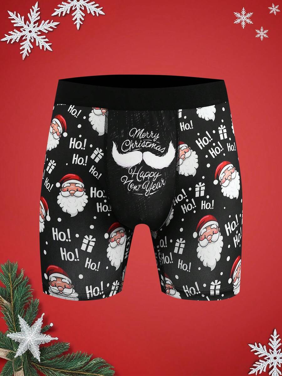 Notgurli Christmas Funny Print Cartoon Quirky Santa Claus, Gift Box, Candy Cane, Bells, Snowflakes, Snowman, Family Party Men's Mid-Rise Boxer Briefs - Multicolor - View 1