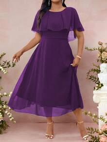 Cravure Đầm dài chiffon màu trơn dáng rộng cổ tròn thanh lịch dành cho nữ cỡ lớn, trang phục mùa hè cho nữ, đầm xuân, đầm dự tiệc thanh lịch, đầm cưới, đầm dự tiệc cưới, đầm midi màu tím, đầm midi thanh lịch màu tím, đầm lấp lánh dành cho nữ. - Màu tím - Xem 5