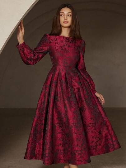 Aveloria Rosie Red & Black Contrast Color Jacquard Fabric Round Neck Waist Gathered Pleated Maxi Skirt Elegant Long Sleeve Dress For Women