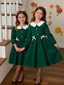 SHEIN Girls' Dark Green Long Dress,Elegant Birthday Party & School Autumn Casual Dress,Embroidered Peter Pan Collar,Waist Bow Accent,Soft & Comfortable - Green - View 1