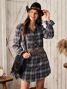Wildy 休闲美式乡村西部复古格子长袖短款连衣裙，适合日常穿着、通勤和户外活动，秋冬季款。 - 彩色 - 查看 6