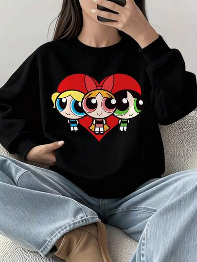 THE POWERPUFF GIRLS X SHEIN 少女休闲花朵、泡泡、毛茛图案圆领长袖卫衣，适合秋冬季情人节穿着