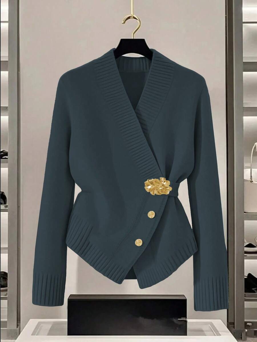 GlowEve Women's Blue Sweater, New Autumn/Winter Metal Button Asymmetrical Closure Cardigan, Versatile & Minimalist Design For Commuting - Dusty Blue - View 1