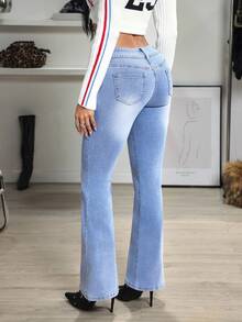 SHEIN EZwear Quần jeans ống loe cạp thấp thời trang Y2K, dễ mặc hàng ngày, đa năng dành cho nữ - Rửa nhẹ - Xem 2