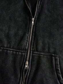 SLATEMANN Manfinity Streetrush 男士街头风格流行 INS 搭配水洗复古深色哥特式休闲街头服饰，男友/丈夫礼物，周年纪念礼物，时尚拉链黑色水洗连帽衫，秋冬 - 黑色 - 查看 6