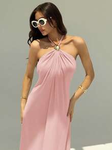 Aloruh 新款香槟色露背褶皱极简长裙，金属球装饰，宽松显瘦 - 淺粉色 - 查看 5