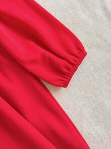 PrepCrw Rochie de fete tinere, stil preppy, cu guler rotund, mâneci bufante, decorată cu funde, mâneci lungi - roșu - Vizualizare 6