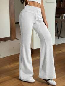 SHEIN EZwear Drawstring Waist Flare Leg Sweatpants - Light Grey - View 4