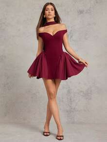 L'Amorae Women OFF SHOULDER CONTRAST FIT AND FLARE MINI DRESS WITH SCARF - Burgundy - View 4