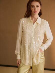 MOTF PREMIUM APRICOT CONTRAST SEQUIN EMBROIDERY FITTED LONG SLEEVE ELEGANT OFFICE LADY BLOUSE, SPRING/SUMMER - Apricot - View 4