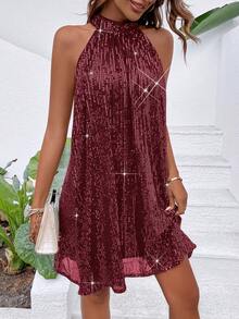 SHEIN 女士纯色亮片优雅吊带连衣裙 - 酒紅色 - 查看 9