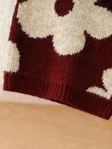 SHEIN Playful Pals Toddler Girls Cute Vintage Style Floral Print Knit Sweater & Loose Pants 2pcs Set,Kids Long Sleeve Flower Sweater Sets,Young Girl Burgundy,Autumn - Redwood - View 4