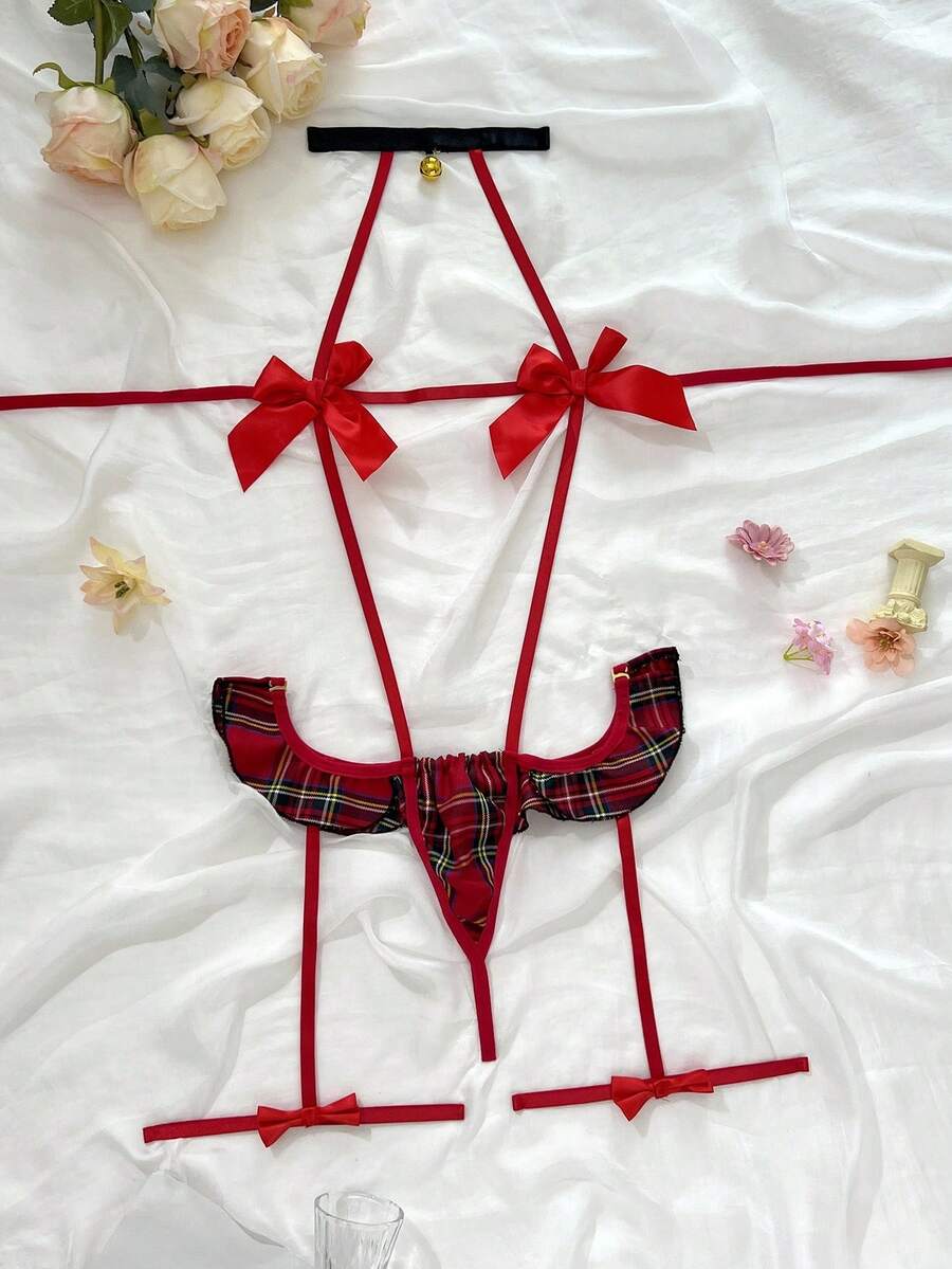 校园少女角色扮演性感魅力蝴蝶结装饰格子铃铛装饰女士内衣服装