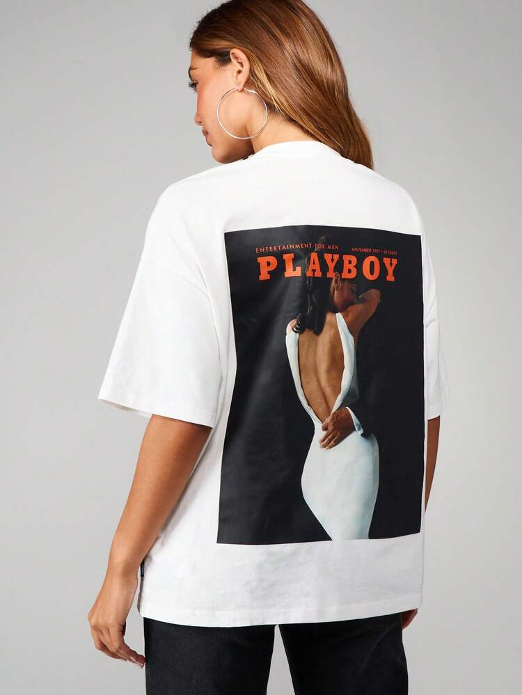Missguided x Playboy Oversized Crew Neck Short Sleeve T-Shirt With Magazine Print Back Graphic And Chest Logo Detail