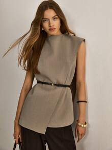 ATUI Studio Women's Sleeveless Asymmetrical Hem Top - Minimalist Blazer Vest, Avant-Garde Suit Vest For Commuter Office Wear - Apricot - View 6