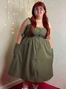 Enliva Abidrinkell Plus Size Summer Casual Solid Color Front Button Pocket Strap Dress, For Apple Rounded Body Shape - Army Green - View 5